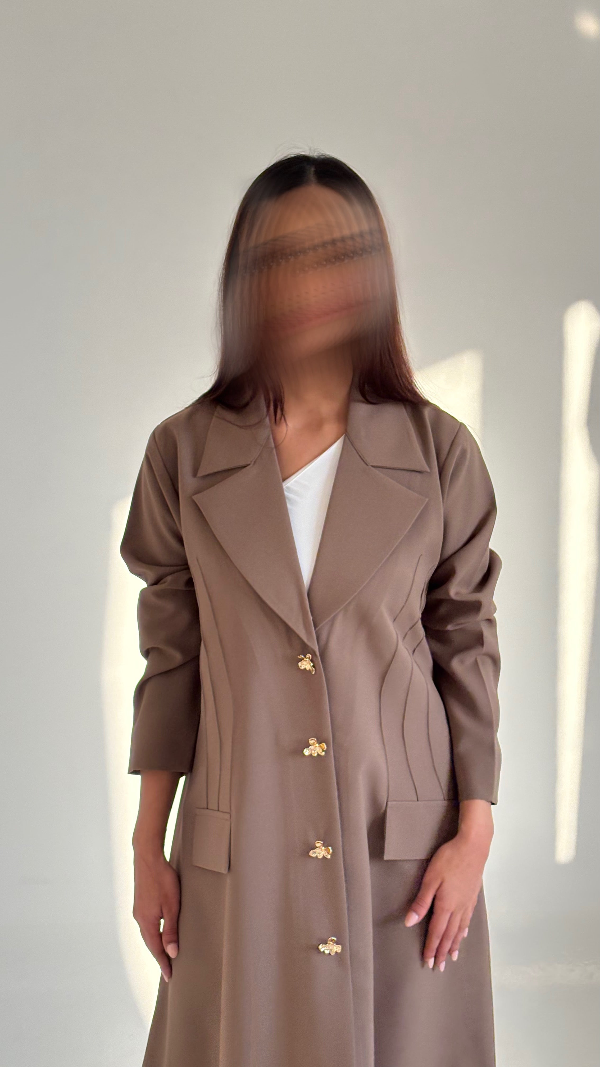 Tailored Brown Abaya with Gold Button Details & Structured Stitching