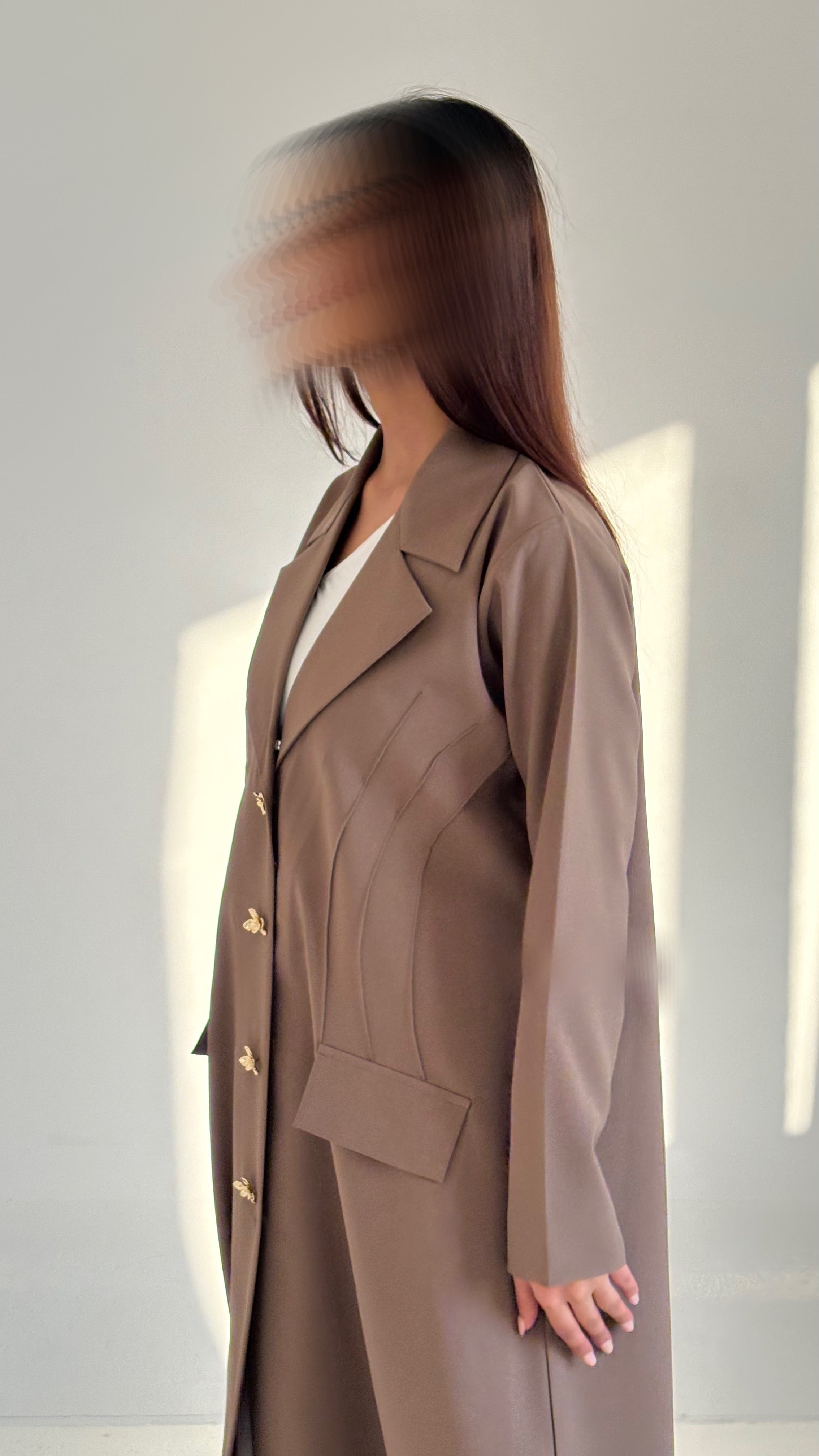Tailored Brown Abaya with Gold Button Details & Structured Stitching