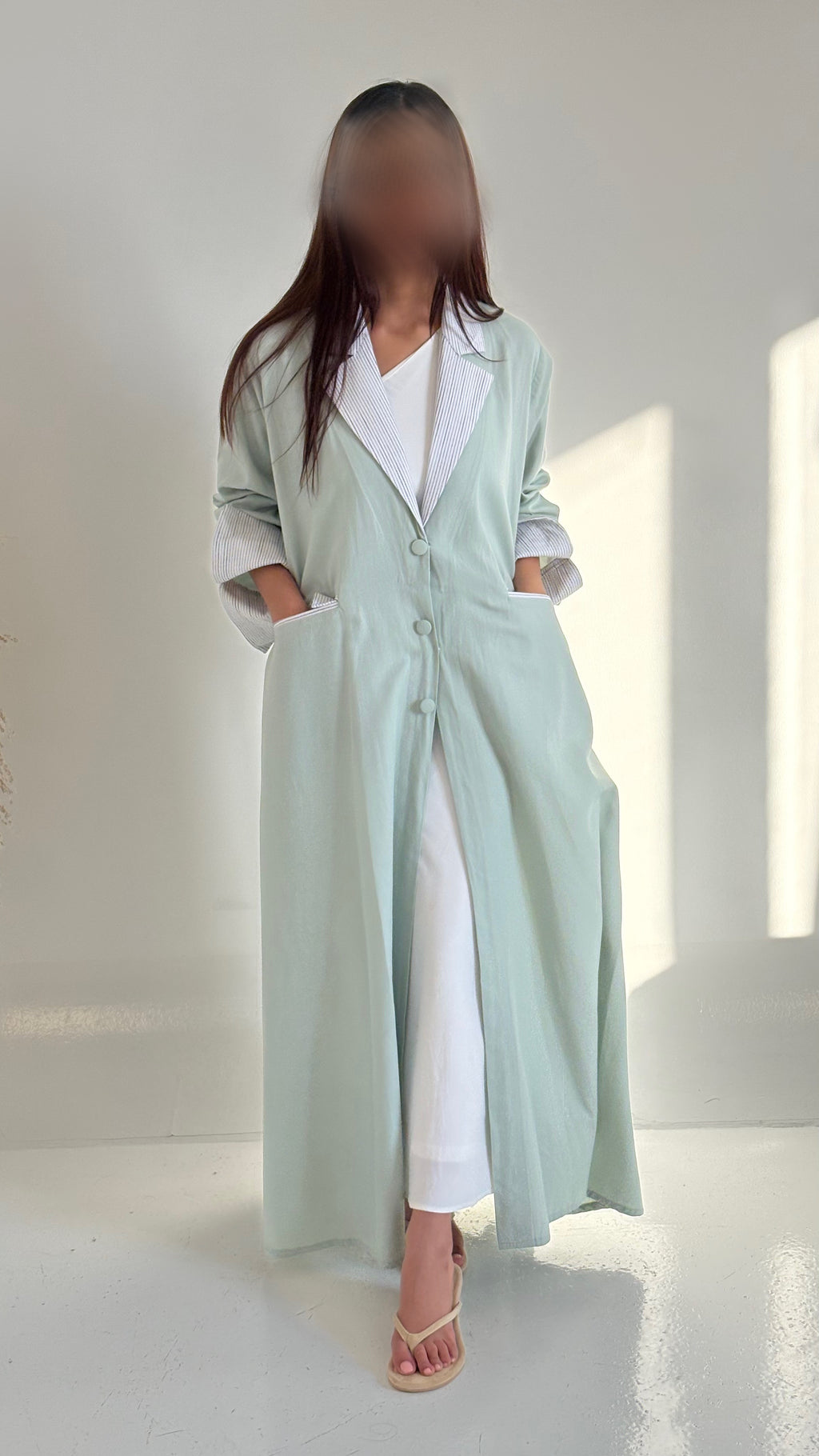 Pastel Mint Abaya with Pinstripe Collar & Cuff Detail