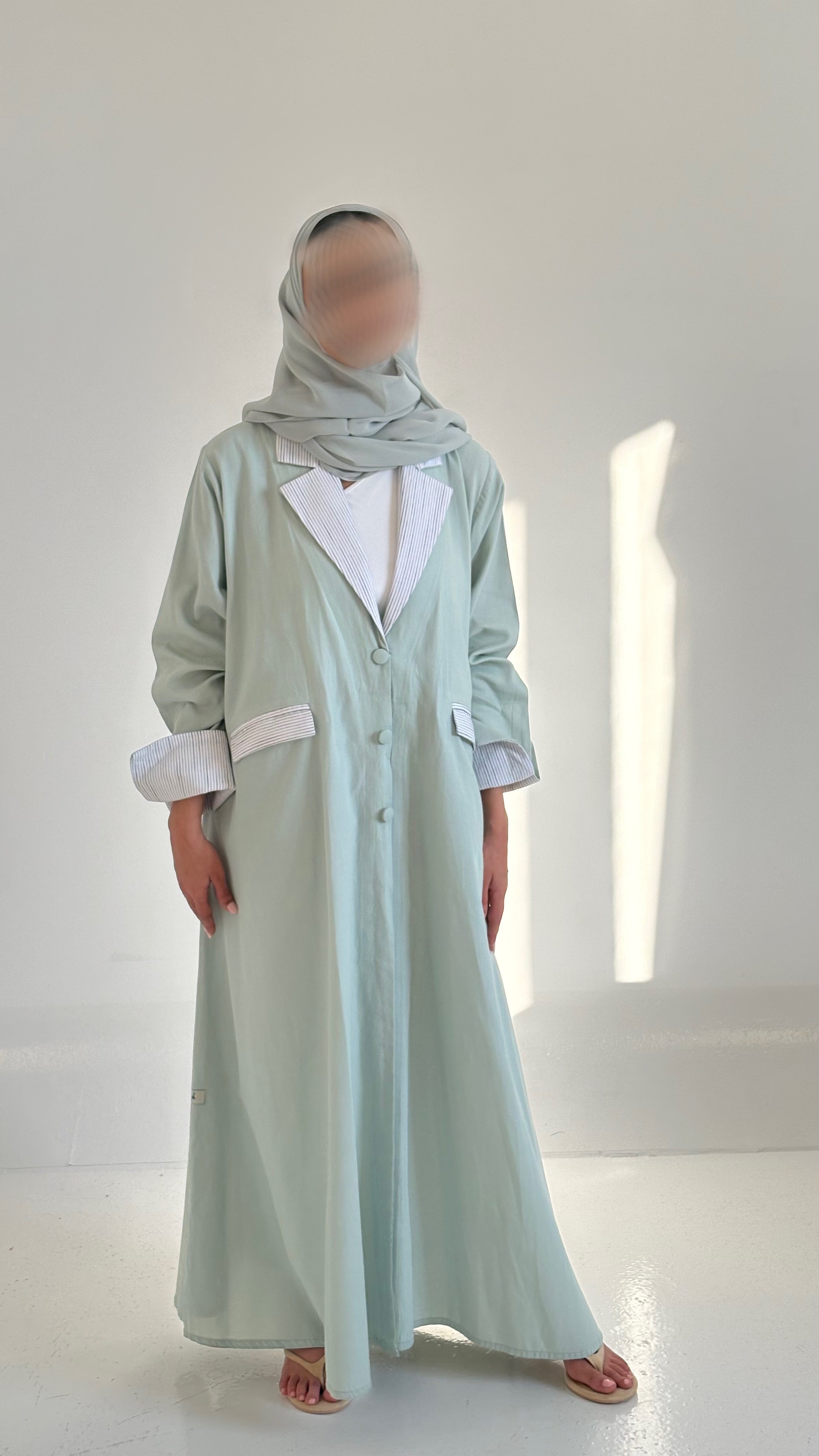 Pastel Mint Abaya with Pinstripe Collar & Cuff Detail