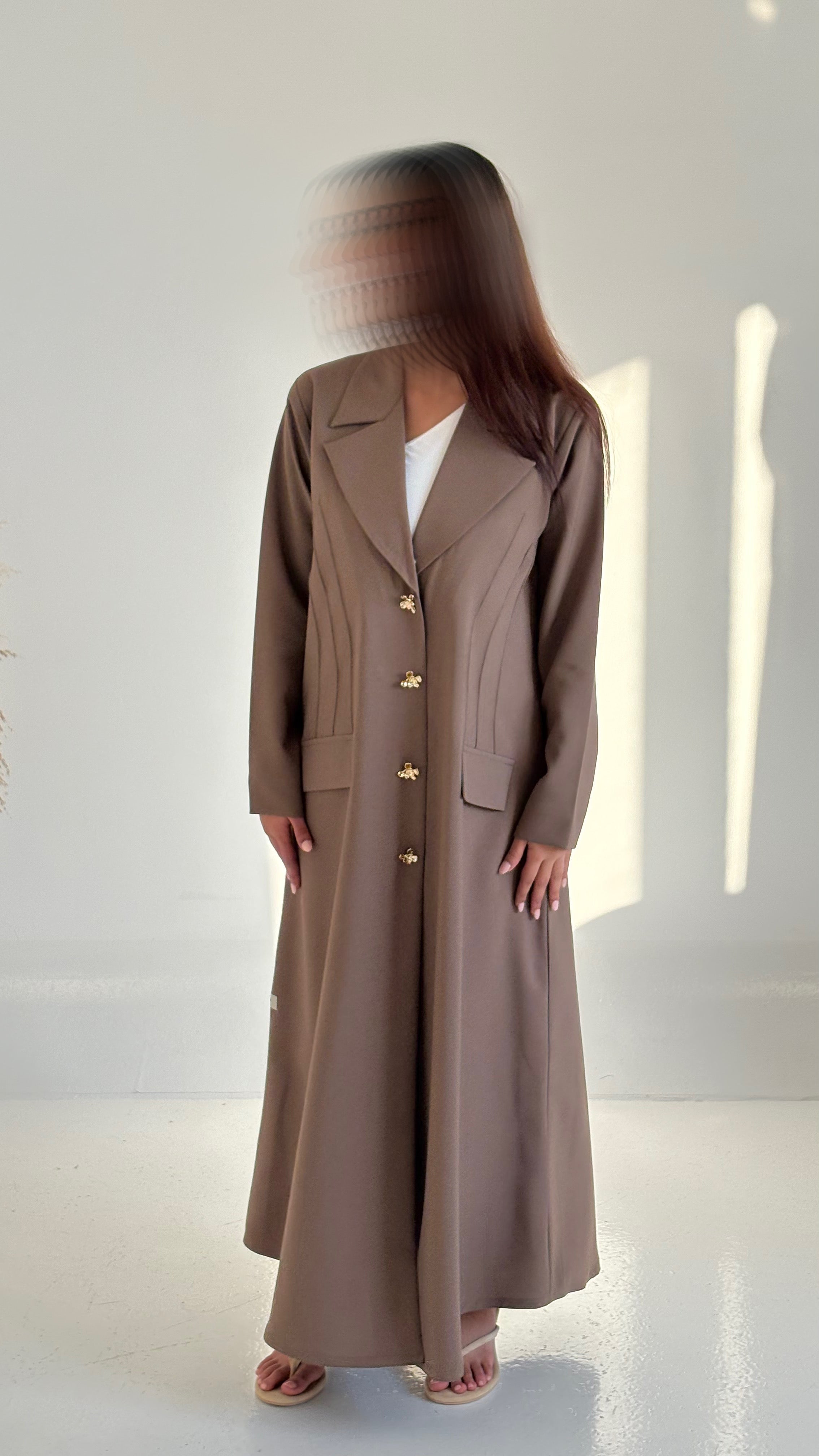 Tailored Brown Abaya with Gold Button Details & Structured Stitching