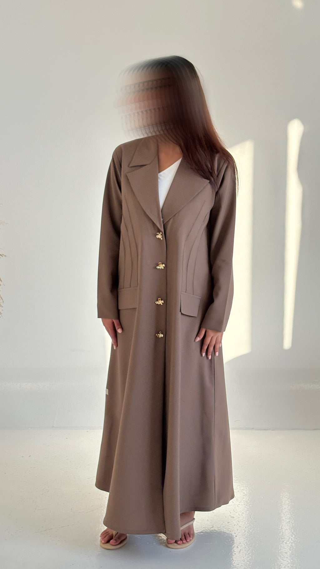 Tailored Brown Abaya with Gold Button Details & Structured Stitching