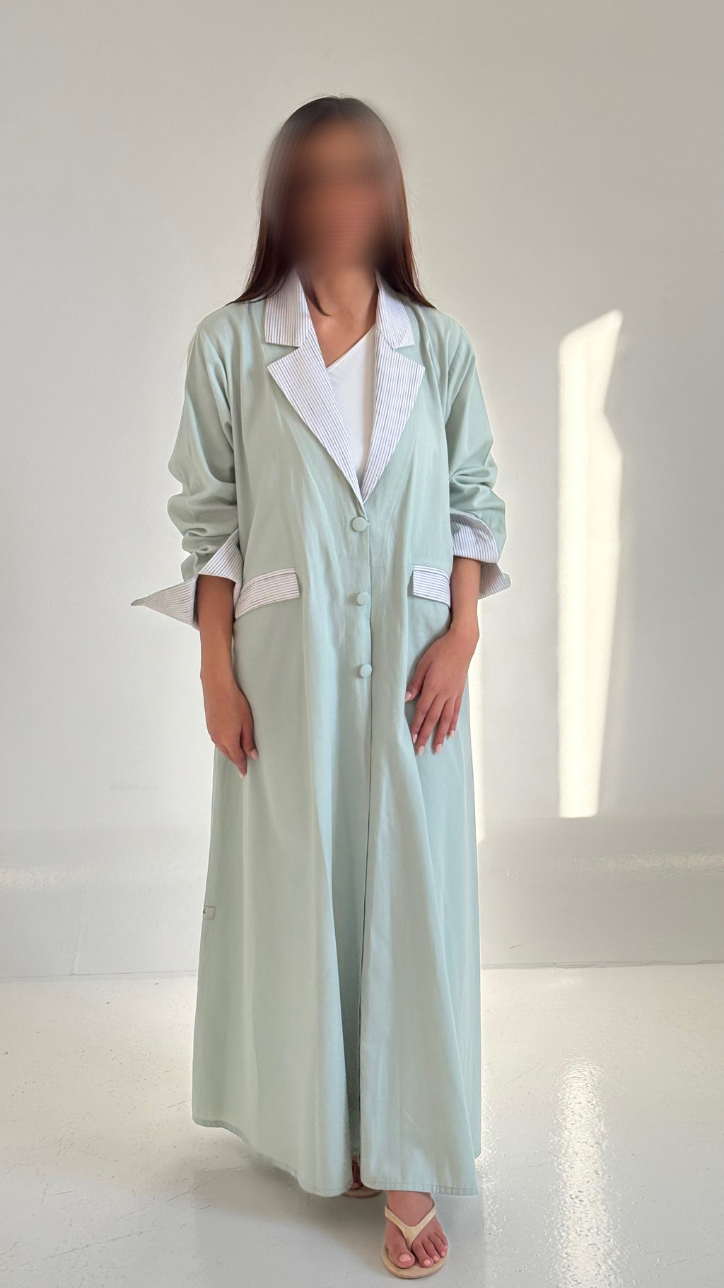 Pastel Mint Abaya with Pinstripe Collar & Cuff Detail