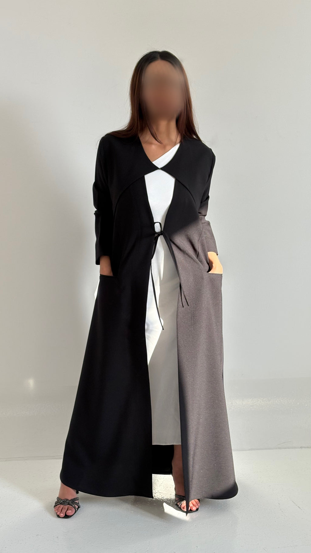 Black Modern Tie-Front Abaya with Curved Cut Detail