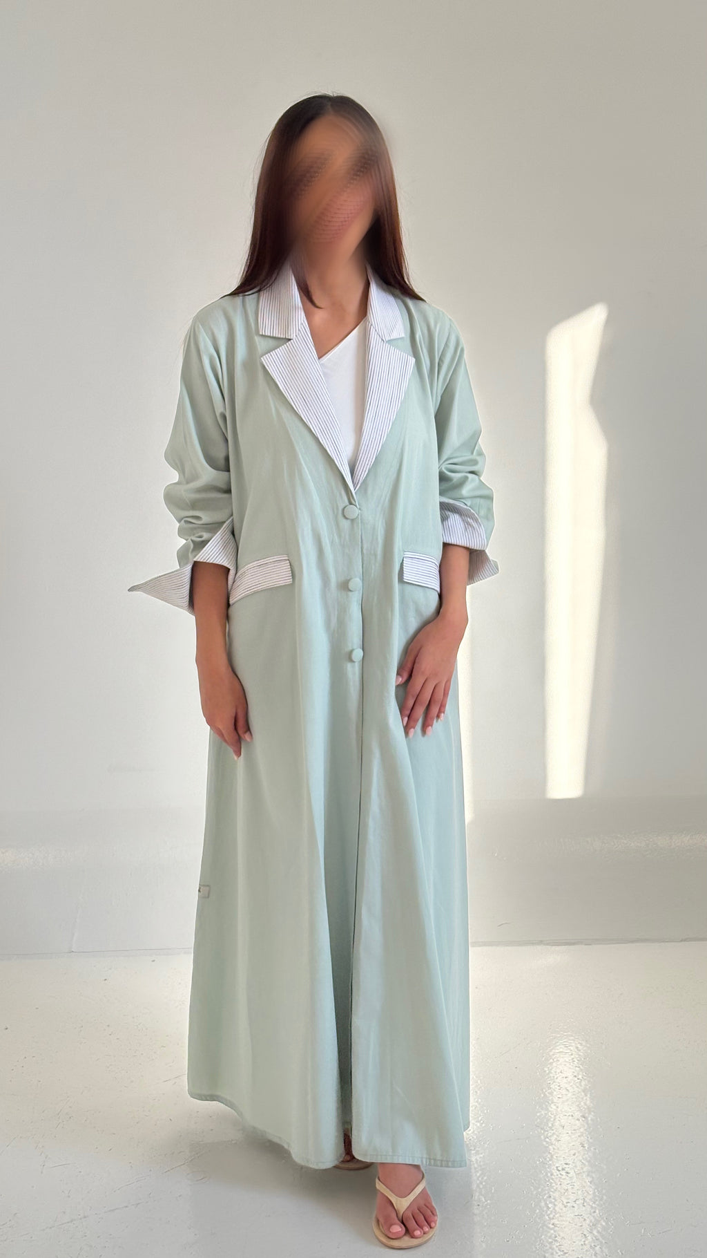 Pastel Mint Abaya with Pinstripe Collar & Cuff Detail