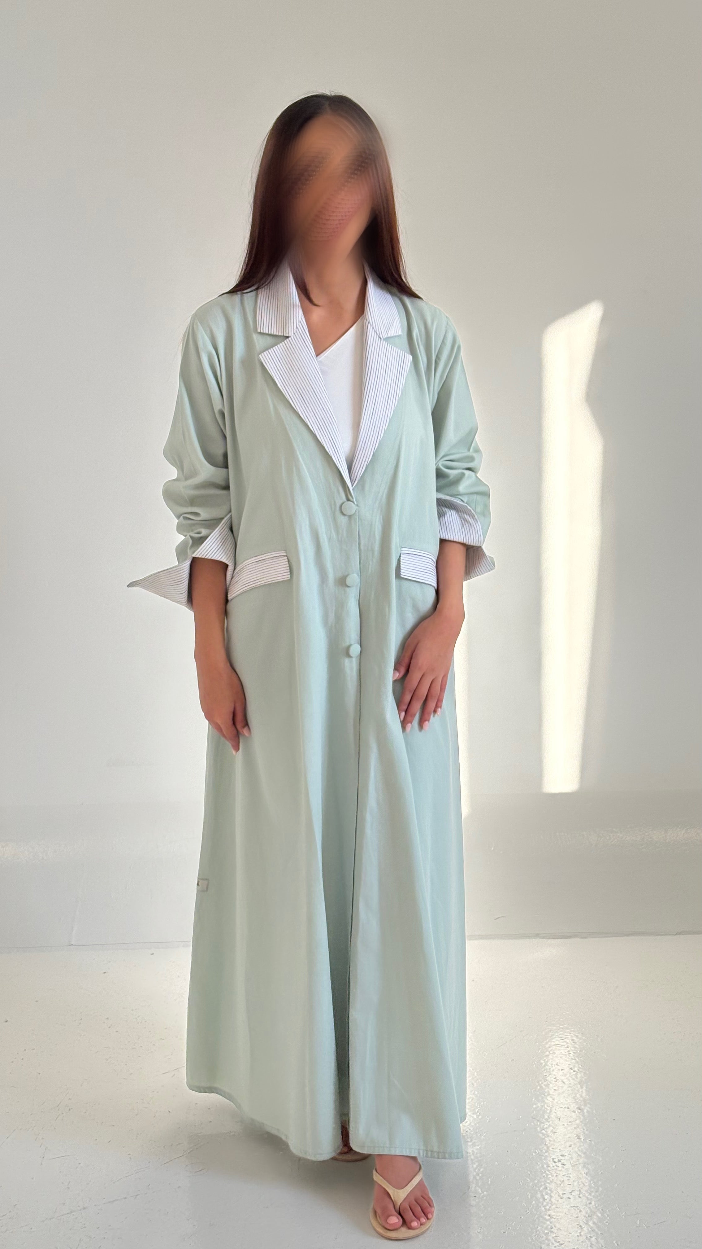 Pastel Mint Abaya with Pinstripe Collar & Cuff Detail