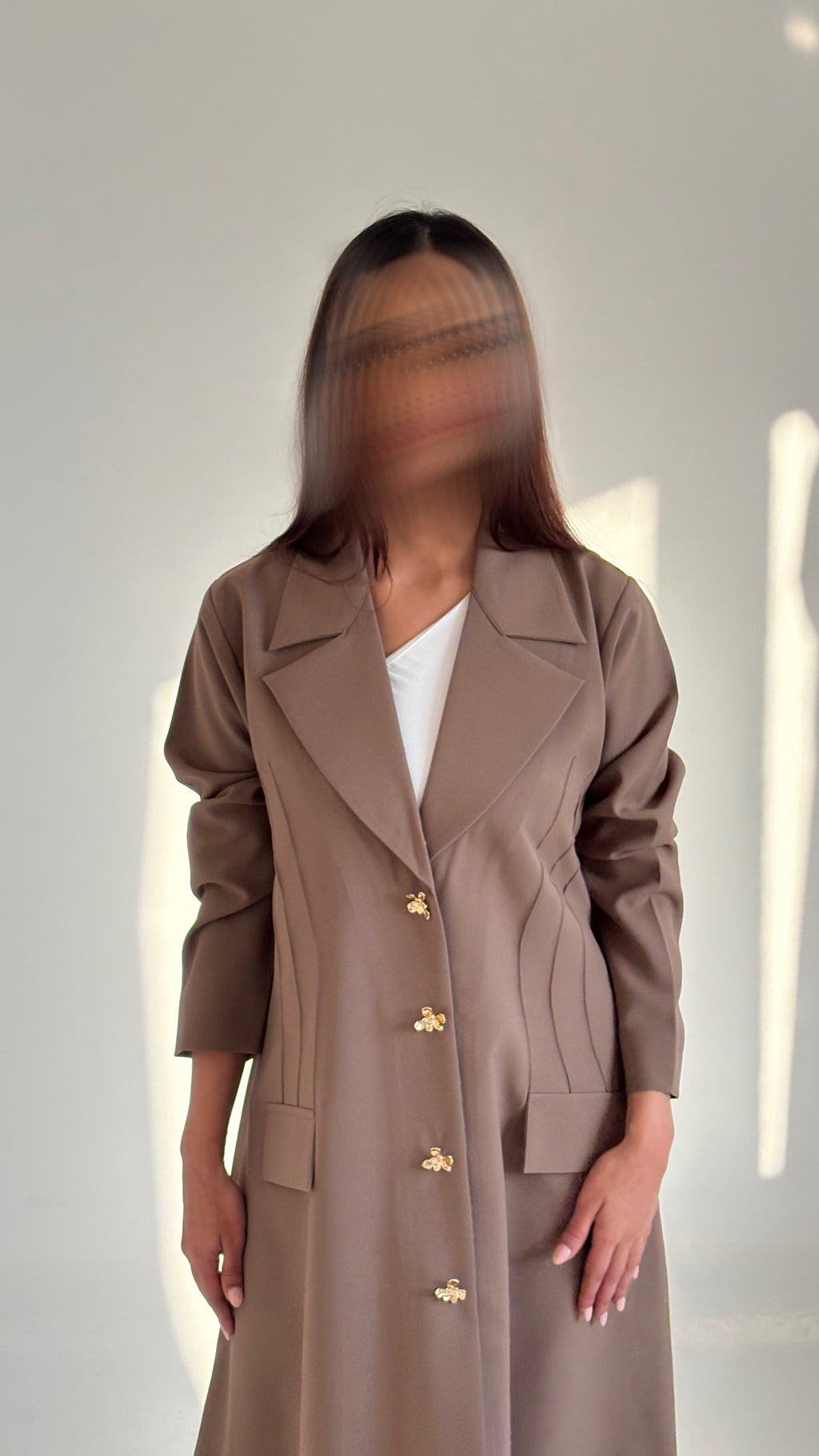 Tailored Brown Abaya with Gold Button Details & Structured Stitching