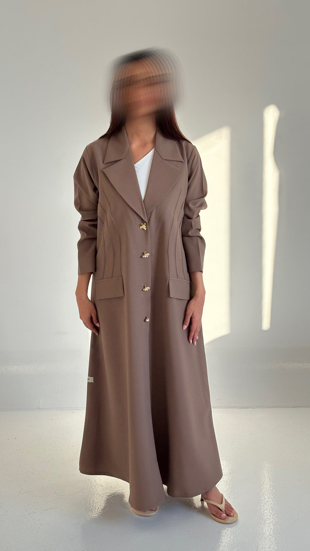 Tailored Brown Abaya with Gold Button Details & Structured Stitching