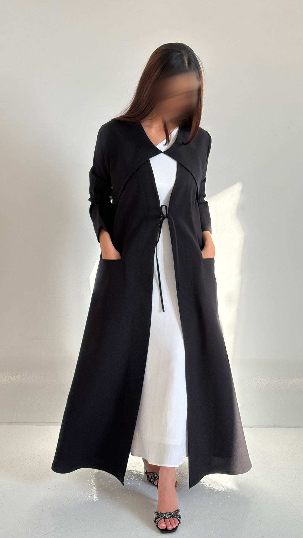 Black Modern Tie-Front Abaya with Curved Cut Detail