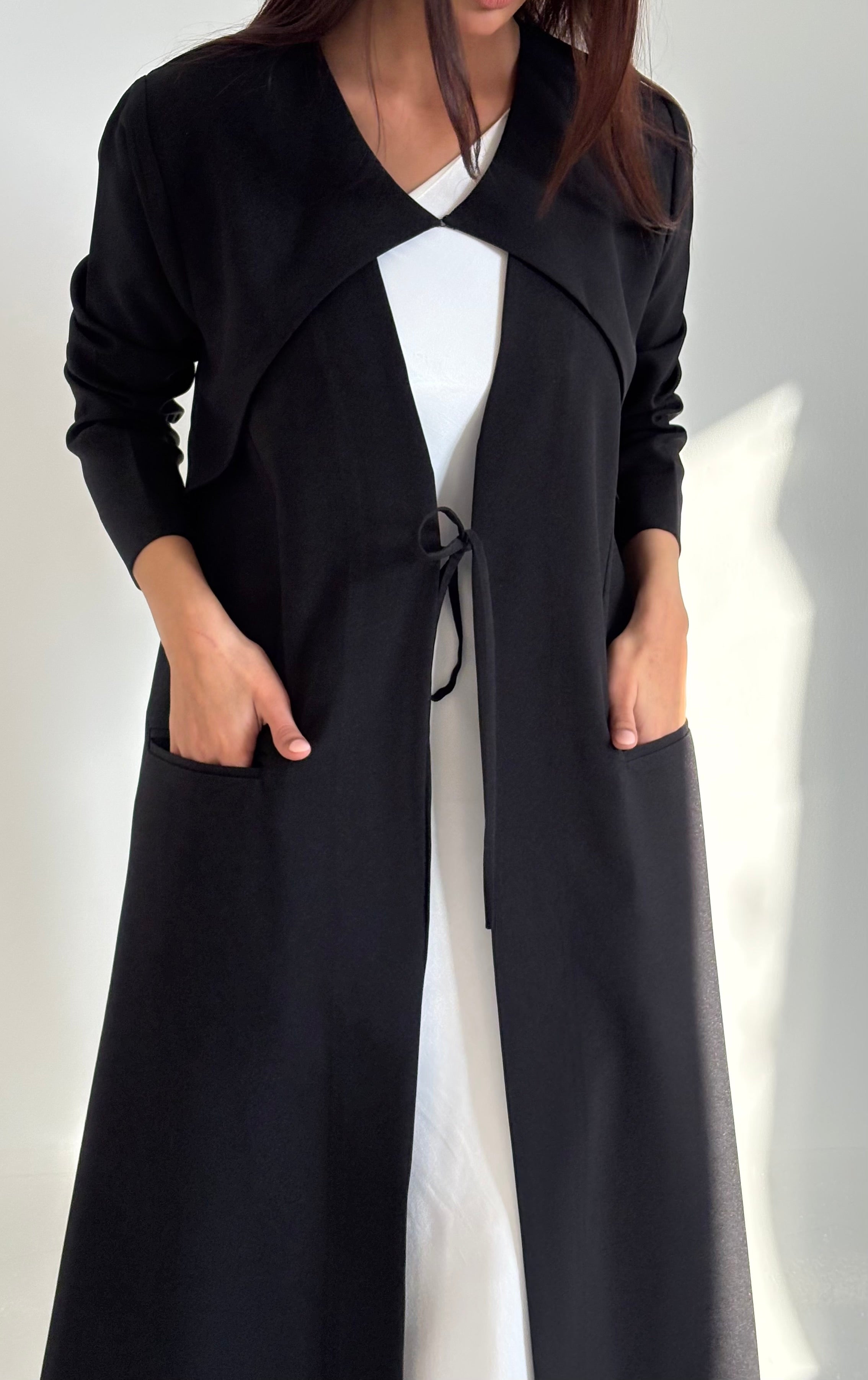 Black Modern Tie-Front Abaya with Curved Cut Detail